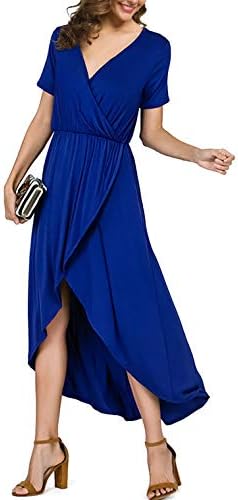 PrinStory Women's Casual Short Sleeve V Neck Slit High Low Wrap Maxi Dress Summer Beach Party Wedding Dress