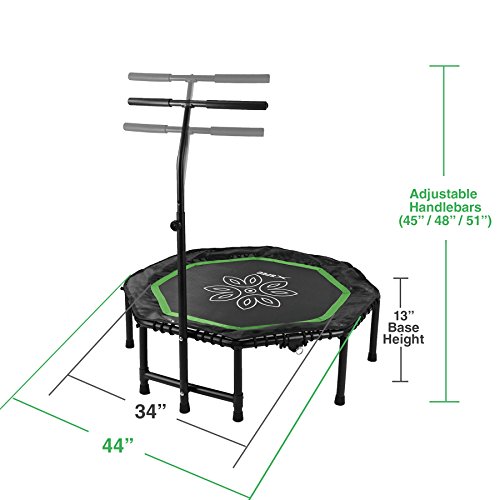 Xspec 44" Silent Fitness Mini Trampoline with Adjustable Handrail Bar, Green & Black - Indoor Rebounder for Adults - Best Cardio Jump Fitness Low Impact Workout Trainer, Covered Bungee Rope System - Thumbnail 3