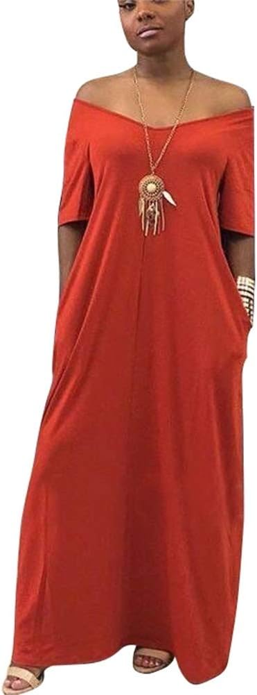 Women Summer Off Shoulder Casual V Neck Short Sleeve Loose Maxi Long Dress Pockets S-3XL