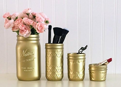 Mason Jar Makeup Organizer, 4-Piece Set, Gold