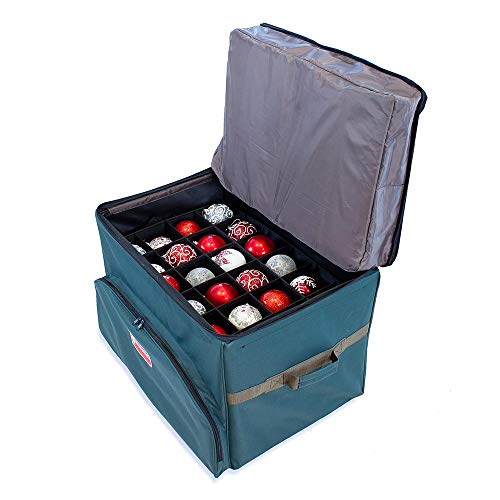 [Green Christmas Ornament Storage Box with Dividers] - Deluxe Ornament Keeper - (Holds 72 Ornaments up to 4 Inches in Diameter) | 3 Removable Trays with Separators | Top Pocket for Taller Decorations