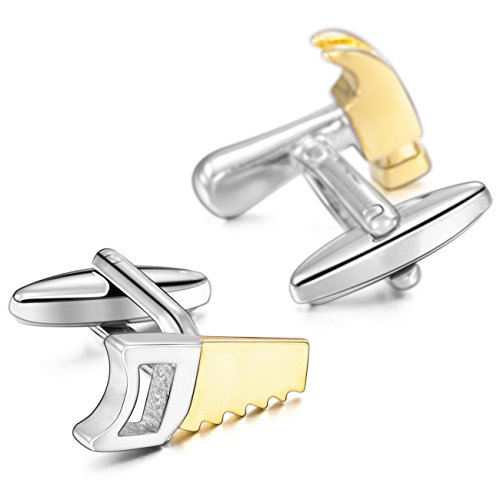 MOWOM Silver Gold Tone 2PCS Rhodium Plated Cufflinks Hammer & Hand Saw Shirt Wedding Business
