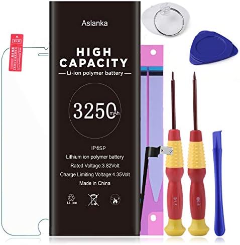Aslanka Battery Model iP6S Plus,New 0 Cycle of 3250 mAh Replacement Battery, Full Set of Repair Tools Instruction and Screen Protector -[2-Year Warranty]