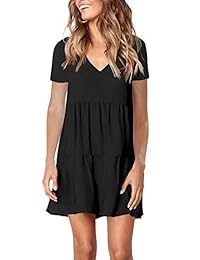 Vestido de color sólido con cuello en V de manga corta suelta casual para mujer