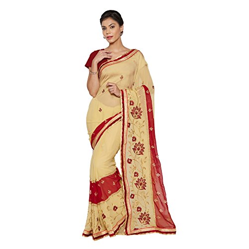 Viva N Diva Beige And Maroon Georgette Saree With Unstitched Blouse Piece