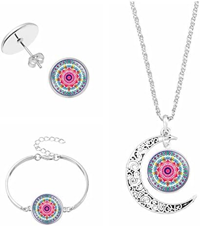 FIONUSUM Mandala Flower Ear Stud Necklace Pendant Bracelet Wristband Set