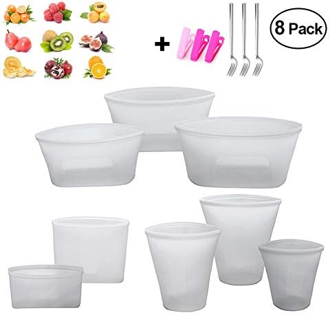 Reusable Silicone Food Bag Zip Lock Top Leakproof Containers Stand Up Stay Open Zip Shut Storage Bag Snack Fruit Bag Cup Pattern (8Pcs Set(Gray))