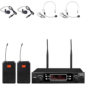 innopow 80-Channel Dual UHF Wireless Microphone System,inp Cordless mic Set, 2 Headset& 2 Lapel Lavalier Microphone, Long Distance 200-240Ft Prevent Interference,16 Hours Use for Church, Weddings