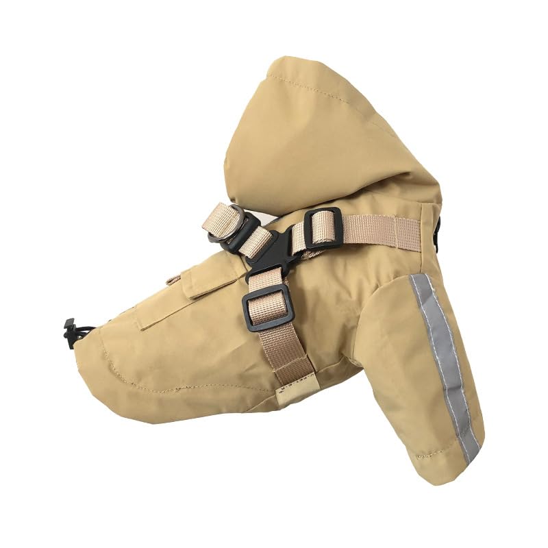 Dog Raincoat with Harness,Adjustable Drawstring Waterproof Hooded Dog Coat Jacket,Pet Poncho with Reflective Stripe for Small Medium Dogs_XL(Beige)
