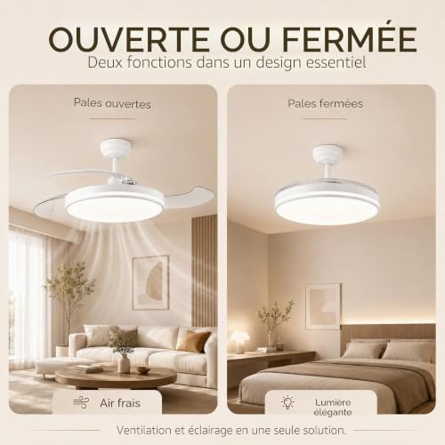 MARSI Ceiling Fan with LED Light 106 cm, Invisible Retractable Blades, Silent Fan with RF Remote Control, Reversible DC Motor, 6 Speed, Dimmable LED, for Bedroom and Living Room