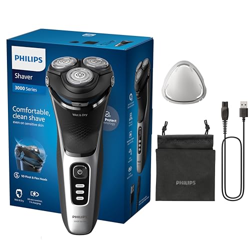 Philips Rasierer Series 3000 – Elektrischer Nass- und Trockenrasierer für Herren in Schwarz, mit SkinProtect-Technologie, ausklappbarem Bartschneider und Reisetasche, kabellos (Modell S3241/12)