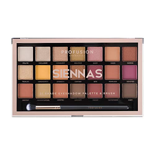 Profusion Cosmetics 21 Shade Eyeshadow Palette Collection & Brush, Siennas