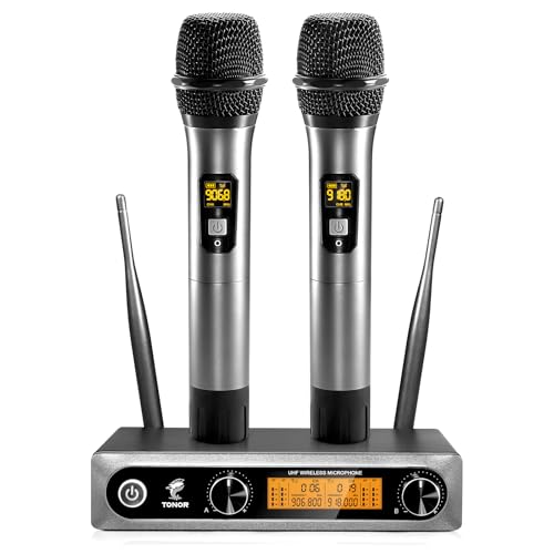 TONOR Wireless Microphone,Metal Dual Professional UHF Cordless Dynamic Mic Handheld Microphone System for Home Karaoke, Meeting, Party, Church, DJ, Wedding, Home KTV Set, 200ft(TW820)