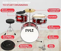 Pyle Kids Drum Set, 3 Piece Beginner Junior Drummer