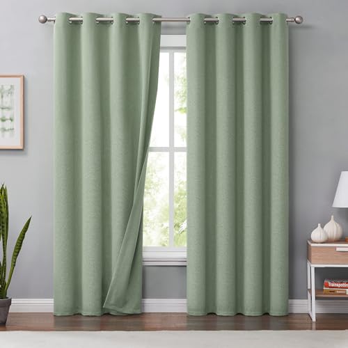Melodieux Green Linen Blackout Curtains 63 Inch Length for Bedroom, Living Room Rustic Burlap Thermal Insulated Room Darkening Grommet Drapes, 50 x 63 Inch, 2 Panels