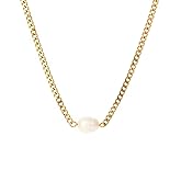 Dainty Gold Chain Necklace with Freshwater Pearl, 18K Gold Plated over Stainless Steel Cuban Curb Link Chain, Minimalist Boho Jewelry for Women, 16 inch Chain with a 2 inch Extension