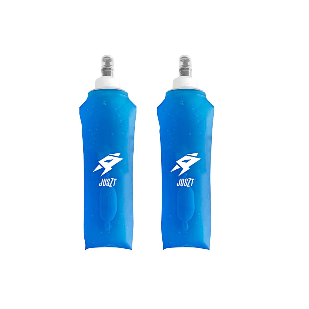 Juszt Soft Collapsible Water Bottle - Foldable Water Bottle with Bite Valve 250 ml/500ml Flask for Running BPA Free Reusable Water Flask for Travel (BLUE, 250ML DOUBLE)