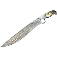 RG-213 Handmade Damascus Steel 15 Inches Bowie Knife - Beautiful Lamb Horn Handle with Damascus Steel Bolsters