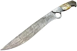 POSHLAND RG-213 Handmade Damascus Steel 17 Inches Bowie Knife - Beautiful Lamb Horn Handle with Damascus Steel Bolsters