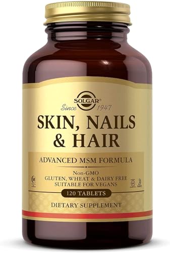 SOLGAR SKIN, NAILS & HAIR, ADVANCED MSM FORMULA, 120 TABLETS – SUPPORTS COLLAGEN FOR HAIR, NAIL AND SKIN HEALTH – PROVIDES ZINC, VITAMIN C & COPPER – NON GMO, VEGAN, GLUTEN & DAIRY FREE – 60 SERVINGS ,STANDARD PACKAGING , 120 COUNT