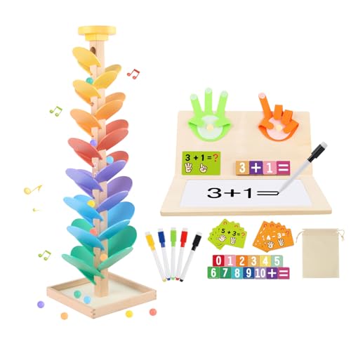Wooden Marble Run for Kids 4-8 Music Tree Marble Ball Run Game Number Blocks Toys for Kids Educational Math Manipulatives with Whiteboard 5-7