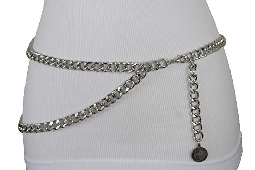 TFJ Women Fashion Belt Hip High Waist Metal Chain Links Coin Charm XS S M Silver