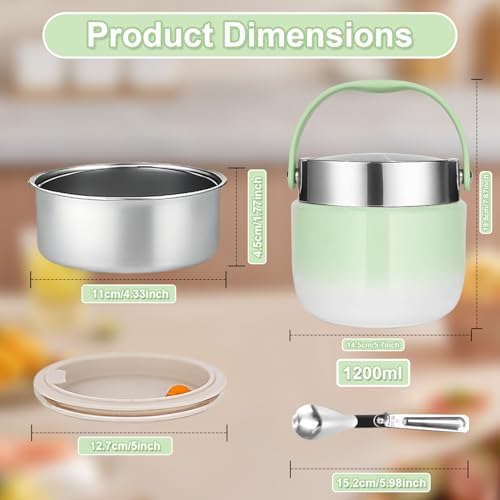 Thermal Food Container 1200 ml, Food Thermos Flask for Feeding Food, Insulated Bowl with Lid with Folding Spoon, Suitable for Storing Flour, Soup, Lunch, Cheese (Green)