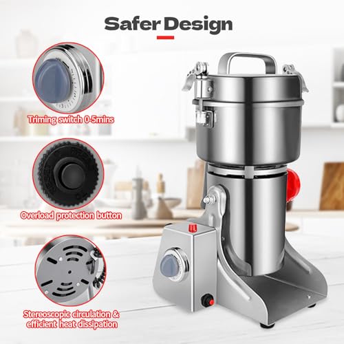 Carivia Molino de granos eléctrico 800g,Molino granos acero inoxidable 304,Molinos especias comerciales alta velocidad de 3000W para trigo seco, avena, maíz, pimienta y granos café