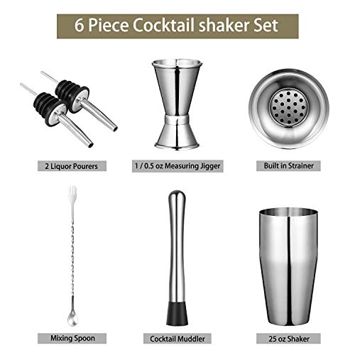 Cocktail Shaker Set 6 Piece, 25 oz Martini Shaker, Stainless Steel