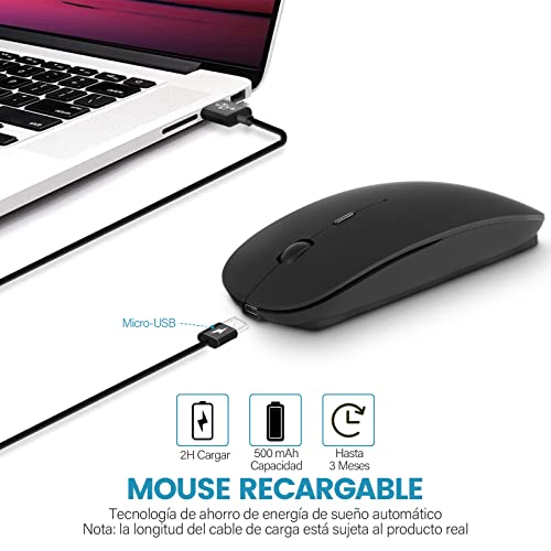 YOMYM Mouse Ratón óptico Inalámbrico Recargable 2.4 G, Silencioso Click con Receptor USB y Tipo-c Adaptador 3 Ajustable dpi Ratón para Computadora, Ideal para Ordenadores portátiles, PCs, Negro