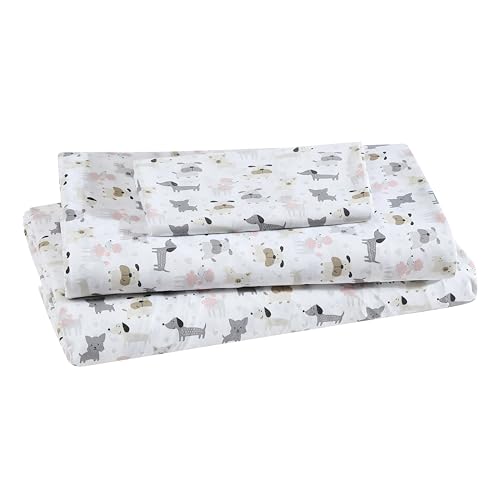 Beatrice Home Fashions Printed Microfiber Sheet Set, Soft Comfortable Easy Care, Includes 1 Fitted Sheet with 12 Deep Pockets, 1 Flat Sheet, Pillowcase, Twin, White Puppy Love