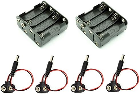 (1 set) two 8AA battery holders with 9V snap connectors and four 9V snap connectors with barrel jacks
