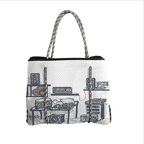 iPrint Neoprene Multipurpose Beach Bag Tote Bags,Modern,Recording Studio with Music Devices Turntable Records Speakers Digital Illustration,Cadet Blue,Women Casual Handbag Tote Bags