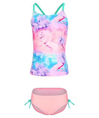 BELLOO Girls Tankini 2 Piece Bathing Suits with Unicorn, Pink, 10-12
