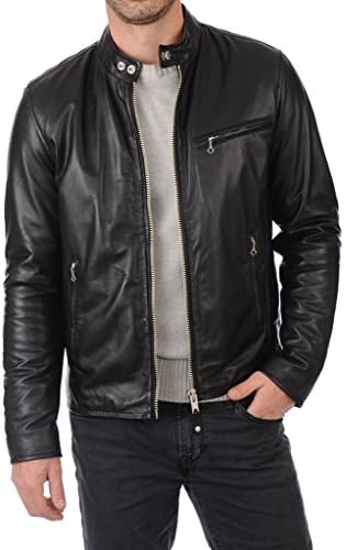 Prim leather Men's Lambskin Leather Bomber Biker Jacket Large Black