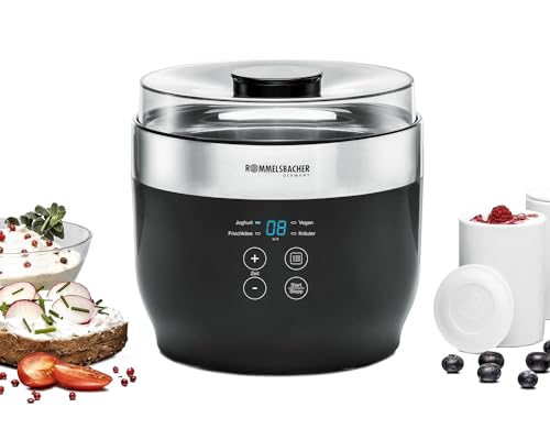 ROMMELSBACHER Joghurt- und Frischkäsebereiter JG 80 "Jona", inkl. 4 Keramik Portionsbecher à 125 ml, 2 XXL Glasbehälter à 1,2 Liter, 4 voreingestellte