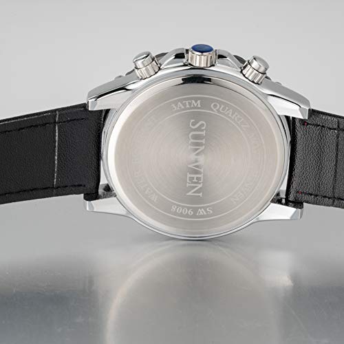 SUNVEN Man\'s Blue Watch Waterproof Sports Quartz Water Resistant 30M with Black Leather Strap Chronograph and Calendar Military Outdoor Style Fashion Watches for Men