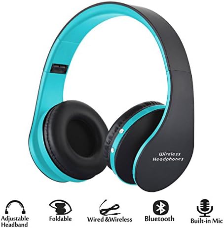 Foldable Wireless/Wired Headphones, Hyfanda Bluetooth Over-ear Headset Rechargeable Earphones with Built-in Microphone 3.5mm Audio Jack MIC for iPhone 8/7/6 &amp; Desktop, PC - Black Blue