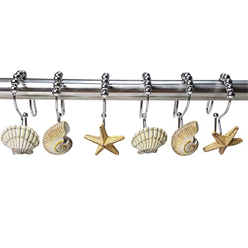 ZILucky Natural Seashell Starfish Beach Shower Curtain Hooks Rings