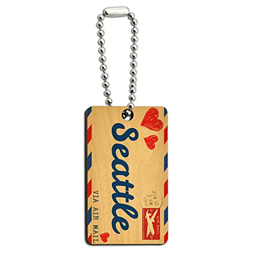 Air Mail Postcard Love for Seattle Wood Wooden Rectangle Key Chain