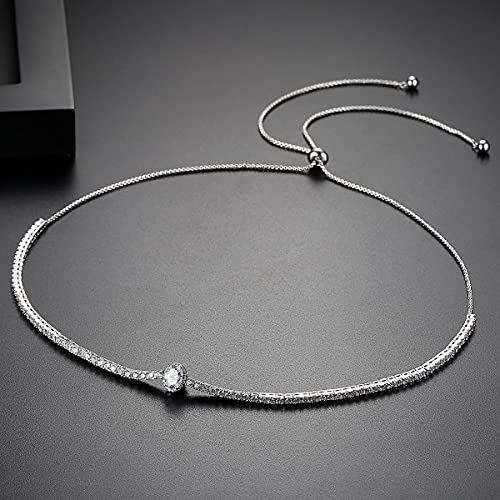 MissDaisy- 2.82mm Round CZ Diamond Round Cut Tennis White Gold Halo Adjustable Necklace for Women Girls Gift
