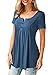 onlypuff Short Sleeve Tunic Tops for Women Fit Flare Solid Colors Ruffle Vneck Buttons Navy Blue XL