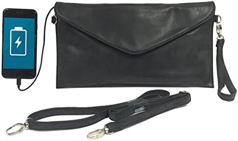 Womens Envelope Charging Clutch Bag/Wristlet; Compatible with All Phones - 2,600mAh Battery Will Give Your Phone A Full Recharge - Washed Black