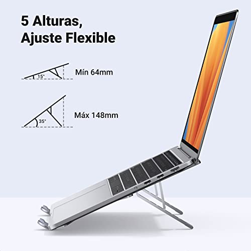 UGREEN Soporte para Laptop Aluminum Portátil, Plegable y 5 Altura Ajustable Laptop Soporte de Ventilado con Altura Ergonómica para Portátiles y Tabletas de 8-17.3pulgadas