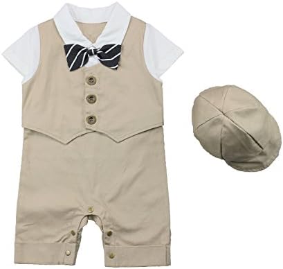 Baby Boy Jumpsuit, 2pcs Short Sleeve Gentleman Outfits &amp; Berets Hat with Bowtie