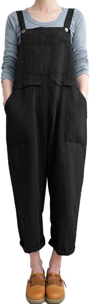 Women's Casual Wide Leg Loose Fit Bib Baggy Cotton Linen Overalls Jumpsuit with Pockets