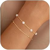 NECOCY 14K Gold Plated Pearl Bracelets for Women, Dainty Bracelets Stack Trendy Pearls Beaded Link Chain Charm Bracelets Set Layered Non Tarnish Tiny Cute Jewelry for Women Valentine's Day