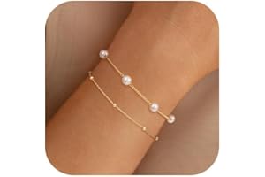 NECOCY 14k Gold Plated Pearl Bracelets for Women,Dainty Bracelets Stack Pearls Beaded Link Chain Charm Bracelets Set Layered Non Tarnish Tiny Jewelry for Women