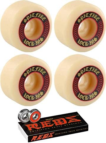 Spitfire Wheels 52mm Formula Four Lock-Ins White/Red Skateboard Wheels - 101a with Bones Bearings - 8mm Bones Reds Precision Skate Rated Skateboard Bearings (8) Pack - Bundle of 2 Items