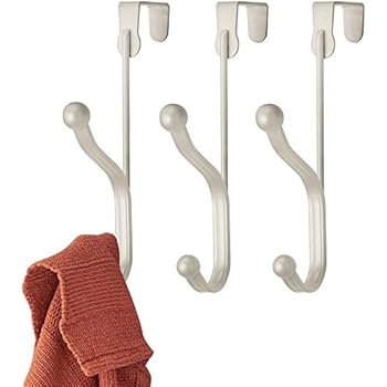 mDesign Decorative Over Door Double Hook Steel Storage Organizer Rack for Coats, Hoodies, Hats, Scarves, Purses, Leashes, Bath Towels, Robes, Clothing - 3 Pack - Satin